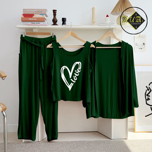 T Green Love Heart 3 Piece Lounge wear Nightwear Sleepwear For Women
