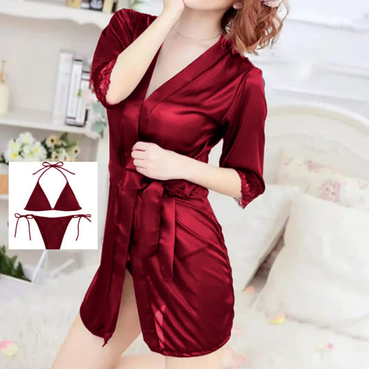 Luxury 3-Piece Silk Nighty Set – Free Size