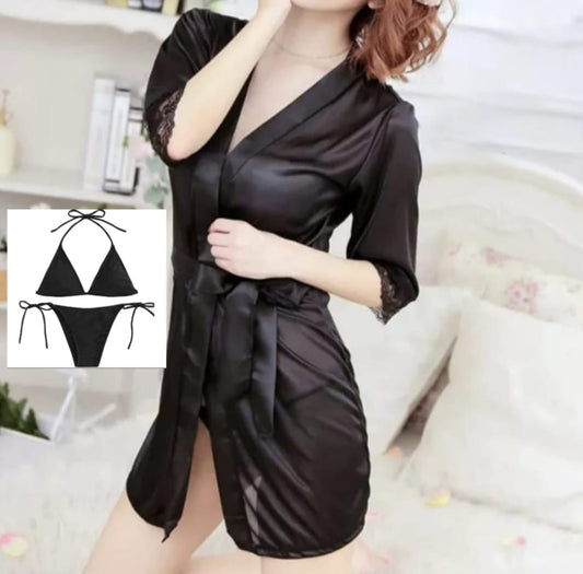 Luxury 3-Piece Silk Nighty Set – Free Size