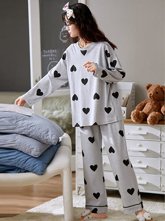 Printed Cotton Ladies Sleep Dress Night Wear Grey Hearts Printed Pj Set