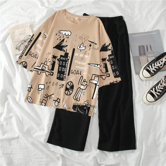 Brown Planet Multi Printed Half Sleeves T-shirt With Plain Black Trouser – Night Dress & Loungewear for Women & Girls (PJ Suit)