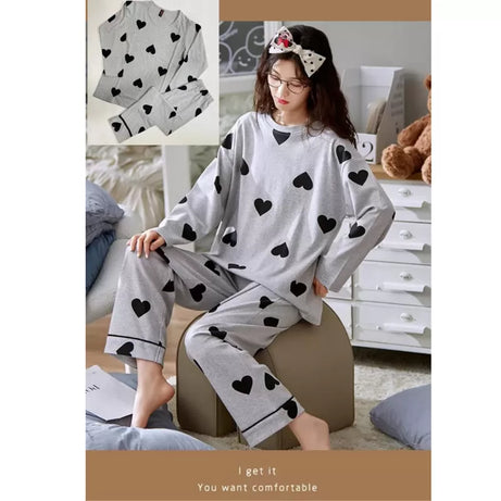 Printed Cotton Ladies Sleep Dress Night Wear Grey Hearts Printed Pj Set